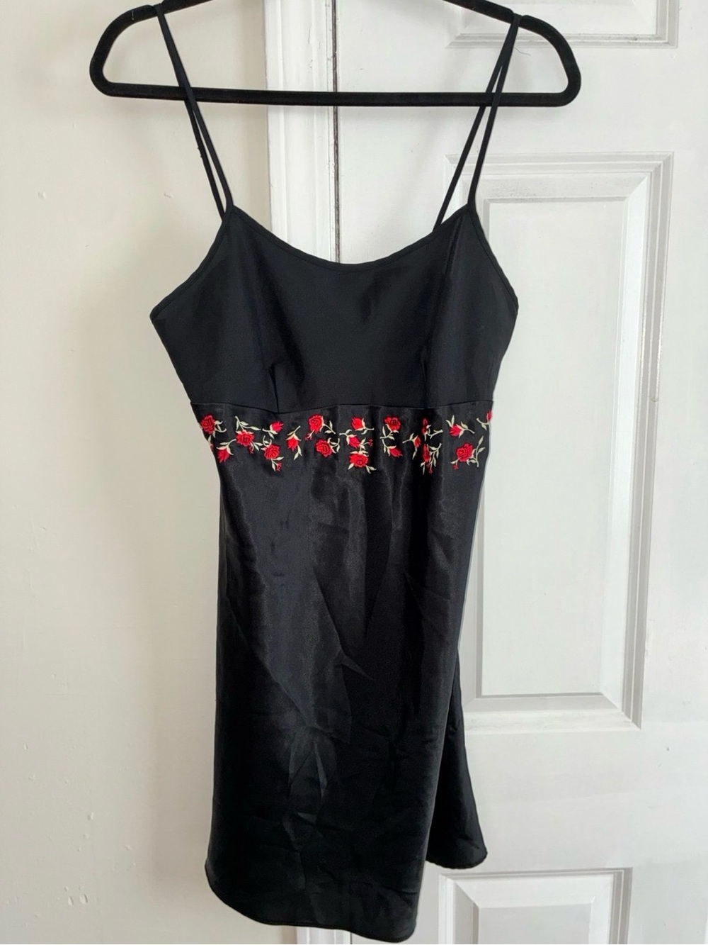 delicates Black Slip Dress with Red Rose Embroidery